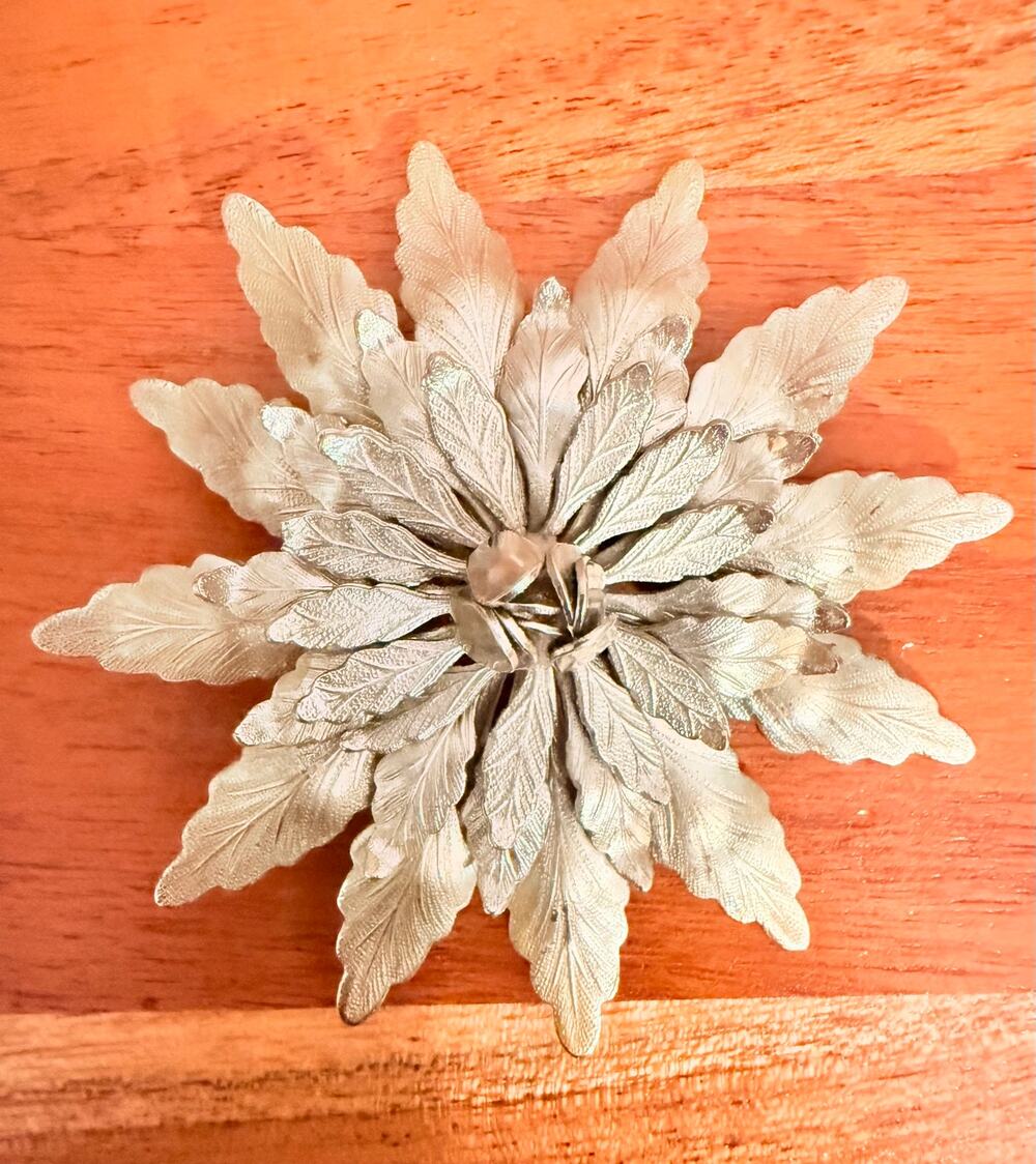 Vintage Large Silver Tone Metal Flower Brooch Riveted Back Extended Pin